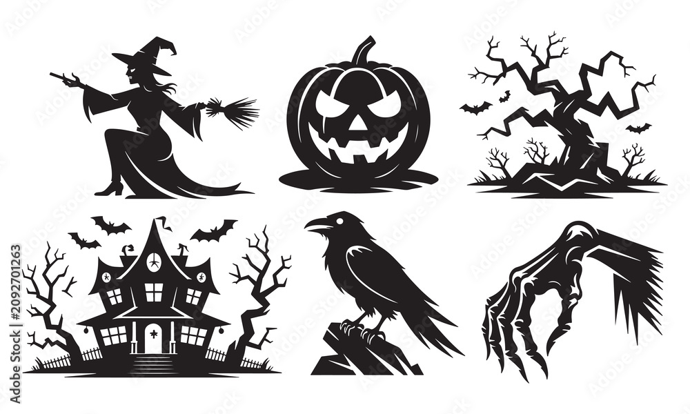 Fototapeta premium Halloween set featuring a witch on a broomstick, a carved jack o lantern, a gnarled dead tree, a haunted mansion, a raven on a stone, and a skeletal hand reaching out in darkness