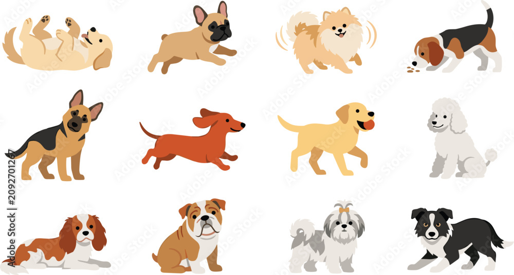 Fototapeta premium Cute Cartoon Dog Breeds Icon Set Featuring Golden Retriever, German Shepherd, French Bulldog, Dachshund, Poodle, Pomeranian, Beagle, and English Bulldog Vector Illustration