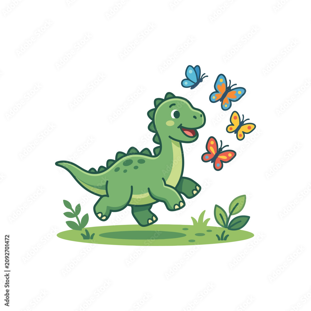 Fototapeta premium Green dinosaur with butterflies around.