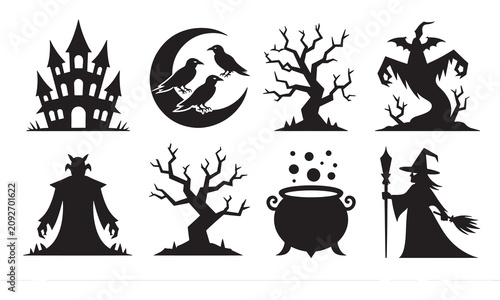 Fotografija Halloween set with black silhouettes of a haunted castle, ravens on a crescent m