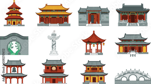 Obraz na płótnie Traditional Chinese Architecture Icon Set Featuring Ancient Temple Pagodas, Impe
