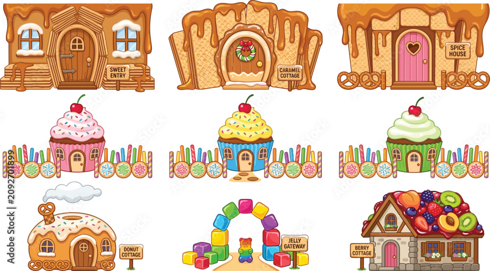 Obraz premium Sweet Candy Land Village Icon Set with Waffle Houses, Cupcake Cottages, Fruit Roof Cabins, and Gummy Bear Rainbow Arch Vector Illustration Elements