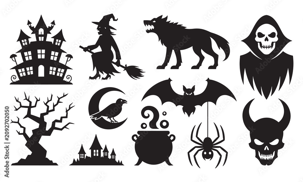 Fototapeta premium Halloween set with black silhouettes of a haunted house, witch on broom, werewolf, grim reaper, bare tree, raven on moon, bat, cauldron, spider, and horned skull
