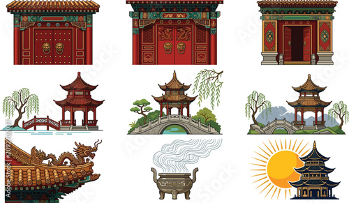 Canvastavla Traditional Chinese Architecture and Cultural Element Set with Imperial Gates, G