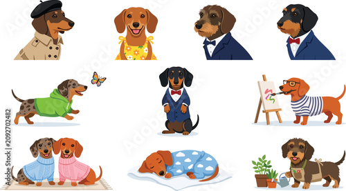 Schilderij op canvas Cute Dachshund Dog Activity Icon Set Featuring Sausage Puppies Wearing Outfits W