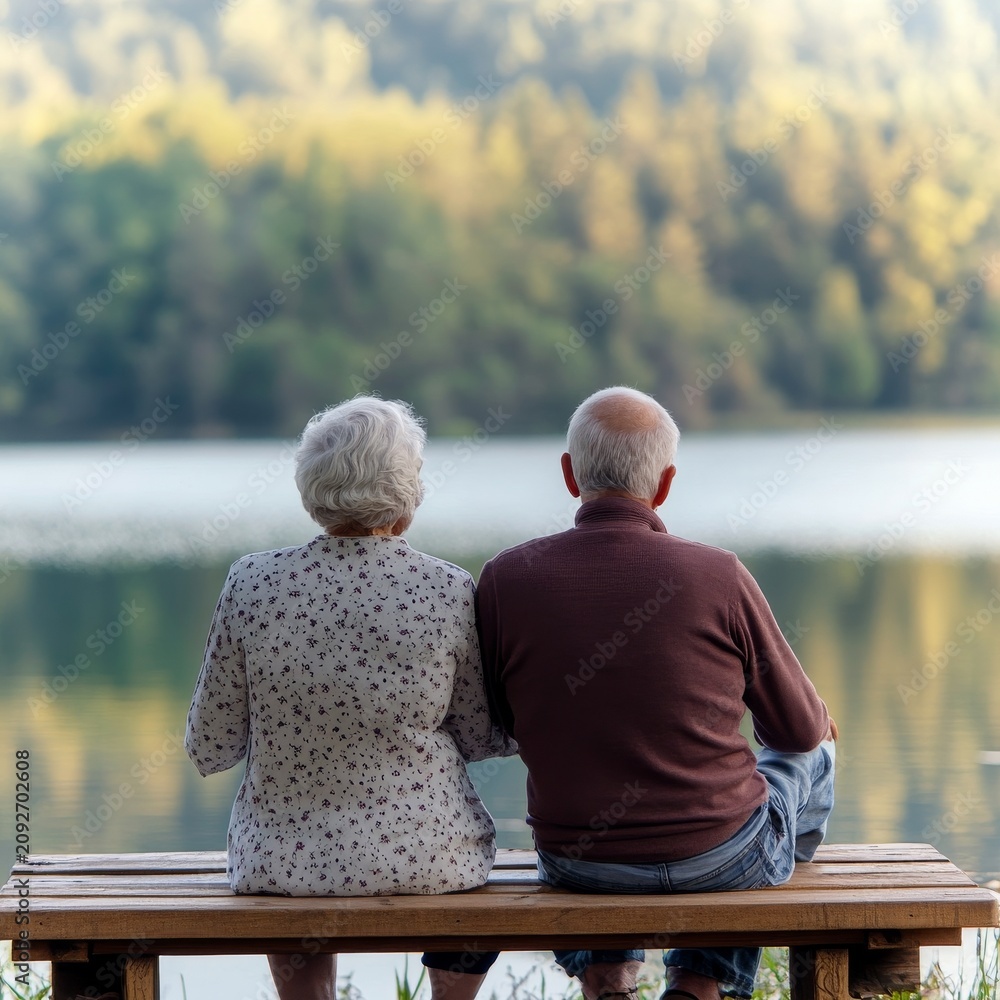 Fototapeta premium Back view of an elderly couple sitting together on a wooden bench by a serene lake, reflecting on life, soft natural lighting, tranquil atmosphere, companionship, Senior Couple, Nature