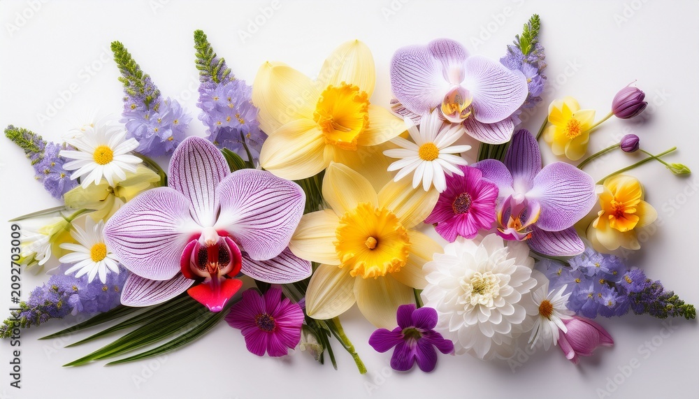 Obraz premium Colorful Spring Flower Arrangement With Orchids Daffodils Daisies And Lilacs On White Background
