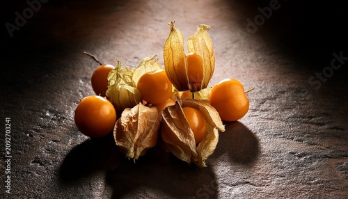 Fresh Cape Gooseberries Displayed On A Textured Surface With Overhead Lighting