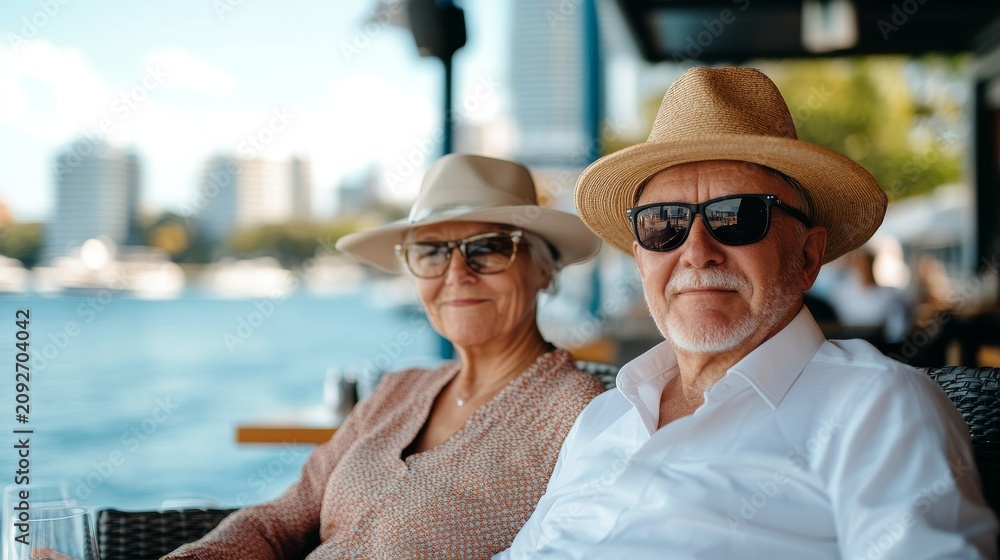 Fototapeta premium Portrait of an elegant senior couple in sun hats and sunglasses sitting at a sunny waterfront cafe, soft natural lighting, high-quality photography. Retirement, lifestyle