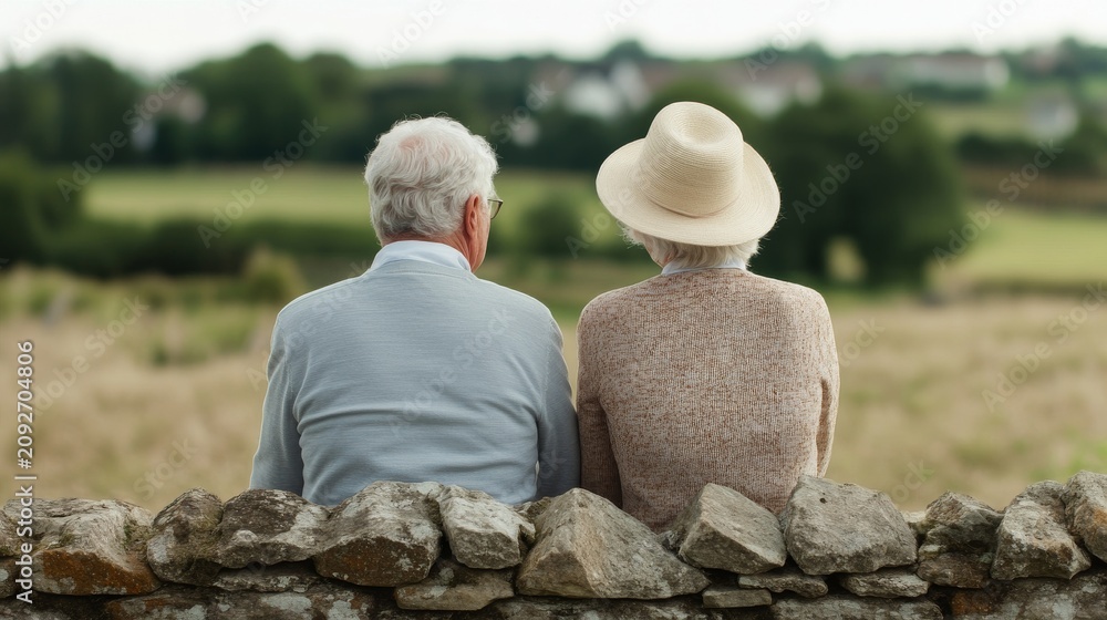 Fototapeta premium Rear view of an elderly couple sitting on a stone wall overlooking a scenic rural landscape, capturing themes of companionship and peaceful retirement, senior lifestyle, countryside