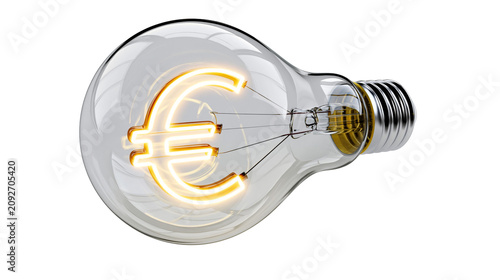 Glowing euro symbol inside a clear glass incandescent light bulb, isolated on transparent background
