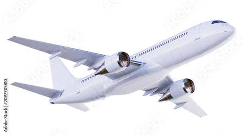 Modern white passenger jet airplane with twin engines, isolated on transparent background