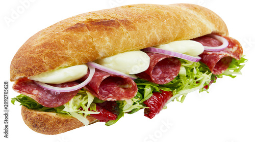Canvastavla Hearty Italian sub sandwich with salami mozzarella lettuce and red onion, isolat