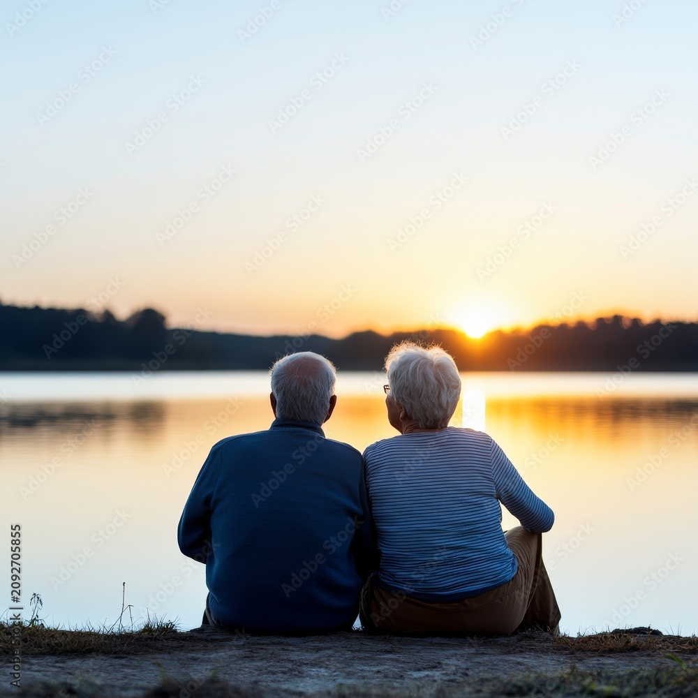 Fototapeta premium Rear view of an elderly couple sitting together by a calm lake, captured in a peaceful sunset silhouette, representing lifelong companionship and tranquility, sunset, elderly couple