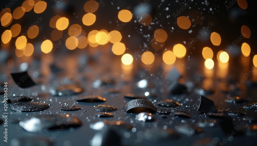 Fototapeta premium Black and silver confetti sparkles on a dark surface. Out of focus warm lights create a festive glow. Celebratory mood for New Years Eve party or event.