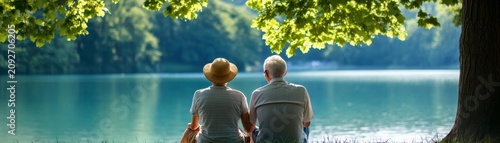 Rear view of an elderly couple sitting under a tree by a serene lake, capturing a peaceful moment of companionship, nature photography, retirement, longevity