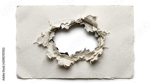 Torn Paper Texture: A close-up shot reveals a piece of white paper with a ragged hole torn through its center, showcasing the texture and fragility of the material.
