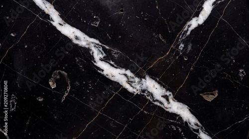 Fényképezés Black Marble with White and Gold Vein Detail