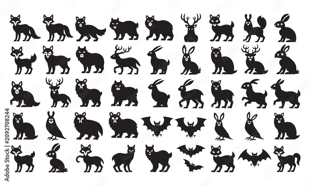 Fototapeta premium Collection of various wild animal silhouettes including foxes, rabbits, deer, and bats arranged in a grid pattern on a white background, for and usage purposes