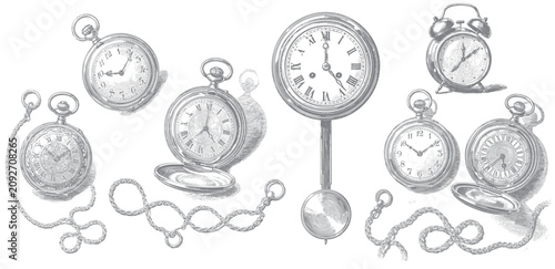 Quadro su tela Vintage antique pocket watches and wall clock engraving illustration isolated on