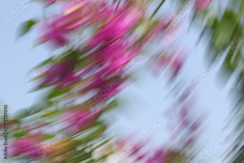 Abstract motion blur background of red flowers and green leaves, intentional camera movement panning effect creating a dynamic natural texture with copy space.