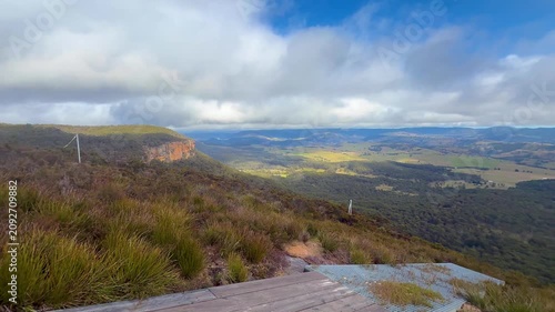 Footage of the picturesque Kanimbla Valley and agricultural fields as viewed from Mount Blackheath in the Blue Mountains in New South Wales, Australia