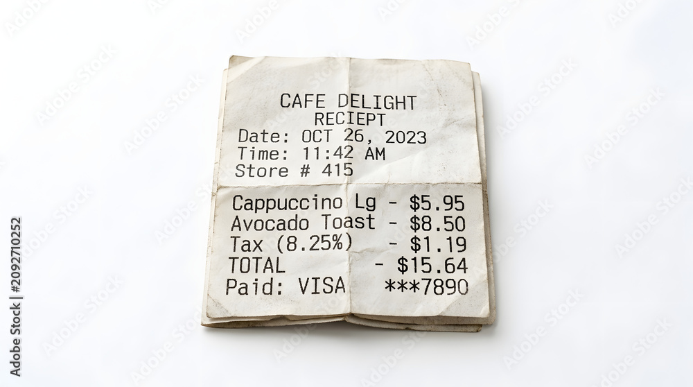 Fototapeta premium Coffee Shop Receipt: A crumpled receipt from a coffee shop details a cappuccino and avocado toast purchase, showing the date, time, and total cost.