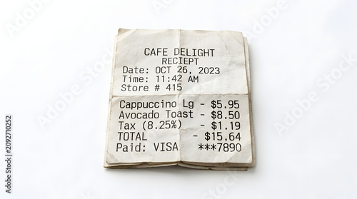 Coffee Shop Receipt: A crumpled receipt from a coffee shop details a cappuccino and avocado toast purchase, showing the date, time, and total cost.