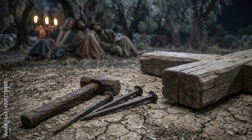 A close-up view of ancient tools and rough-hewn wood, hinting at a significant historical or religious event, AI generated