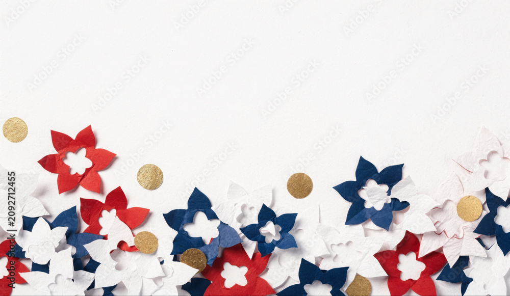 Obraz premium Red White and Blue Paper Flowers Border with Gold Confetti