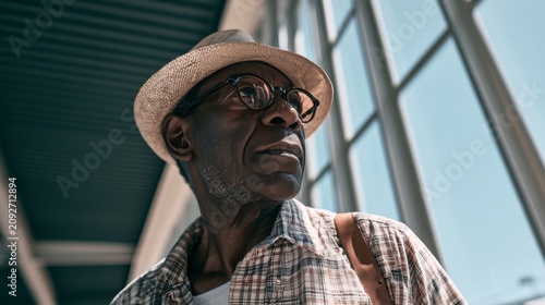 Elderly Black man wearing a hat and glasses looking thoughtfully out a window