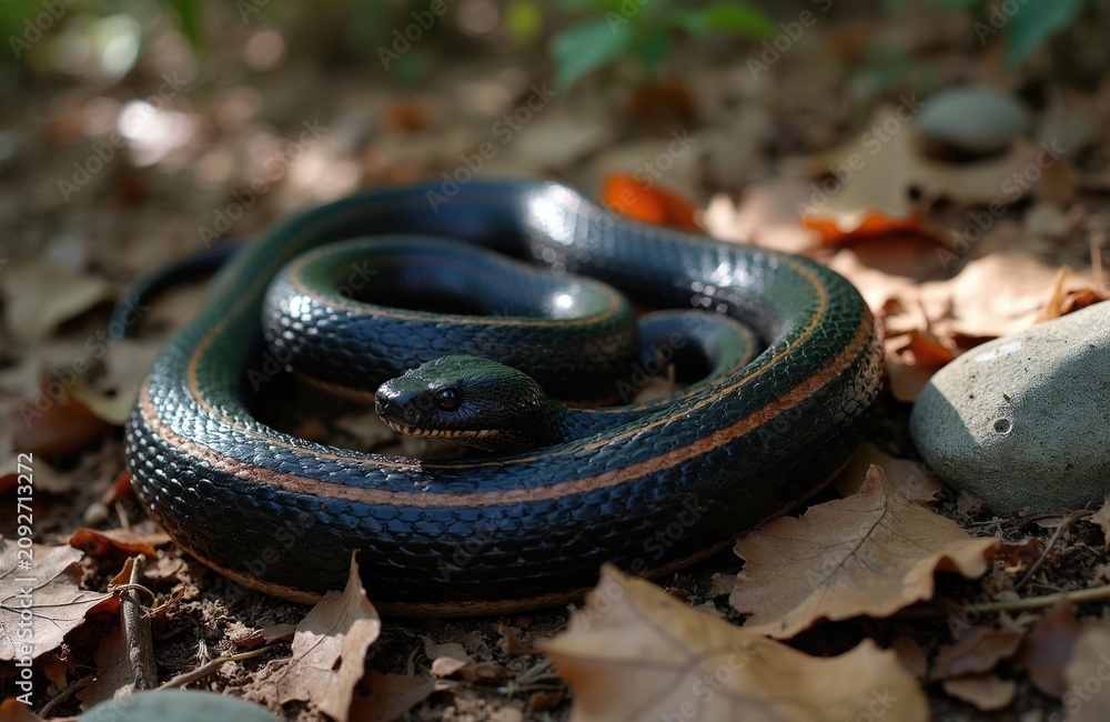 Fototapeta premium Black Copper Rat Snake coils on forest floor among dry leaves, stones. Nonvenomous reptile distinctive striped pattern on dark body. Snake observed in natural habitat, displaying beauty, striking