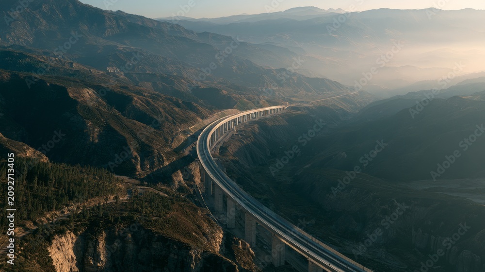 Fototapeta premium Scenic aerial view of winding highway through mountainous landscape at sunset