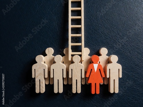 Orange Female Figure beside Team and Wooden Ladder