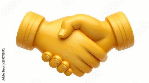 A 3D illustration of two yellow hands shaking in a gesture of partnership and agreement
