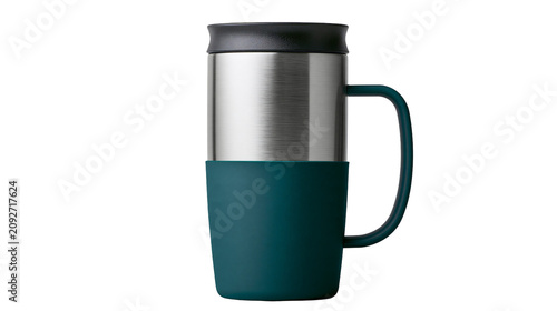 Modern stainless steel travel mug with teal silicone sleeve and black lid, isolated on transparent background