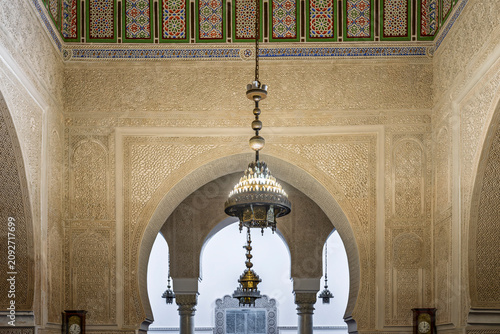 Interior Arch with a Hanging Chandelier at the Mausoleum of Moulay Ismail, Meknes, Morocco