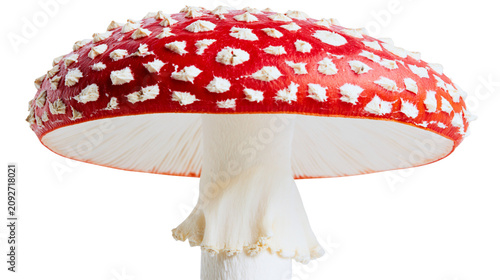Fotografie Red and white spotted Amanita muscaria mushroom cap with gills, isolated on tran