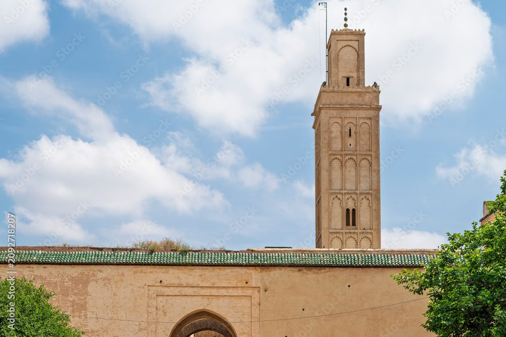 Fototapeta premium Wide View of the Mosque Berdaine and Its Minaret, Meknes, Morocco