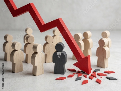 Red Downward Arrow Among Wooden People Figures