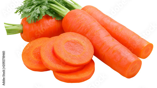 Obraz na płótnie Fresh orange carrots with green tops and slices, isolated on transparent backgro