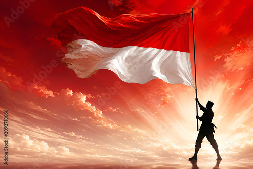 a single black silhouette Indonesian hero standing powerfully in the foreground while raising a giant Indonesian red-and-white flag toward the sky