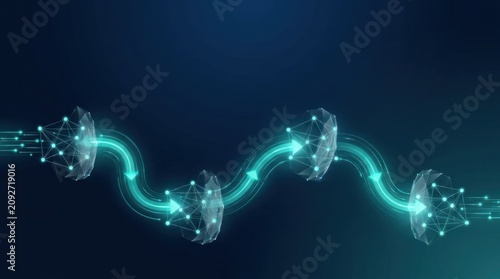 Enterprise workflow handoff chain with controlled operational node transfer dark technology banner background with copy space for governance automation and business process coordination