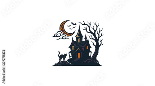 Foto Spooky haunted house with black cat under a crescent moon.