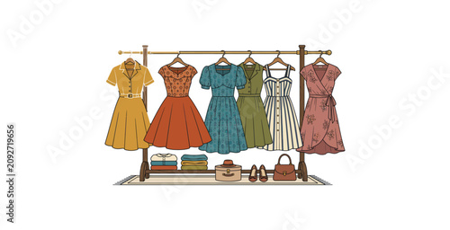 Cuadro en lienzo Vintage Style Dresses on Clothing Rack Illustration