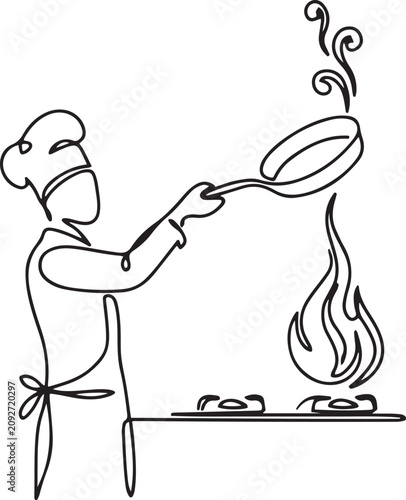 Continuous line drawing of chef cooking with pan. Single line illustration of chef flambe on pan. one line art icon drawing vector