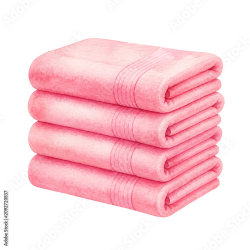 Stack of folded pink towels on transparent background. Watercolor illustration of bathroom textile accessories. Soft laundry for hotel, spa, hygiene, wellness and home care concept design.