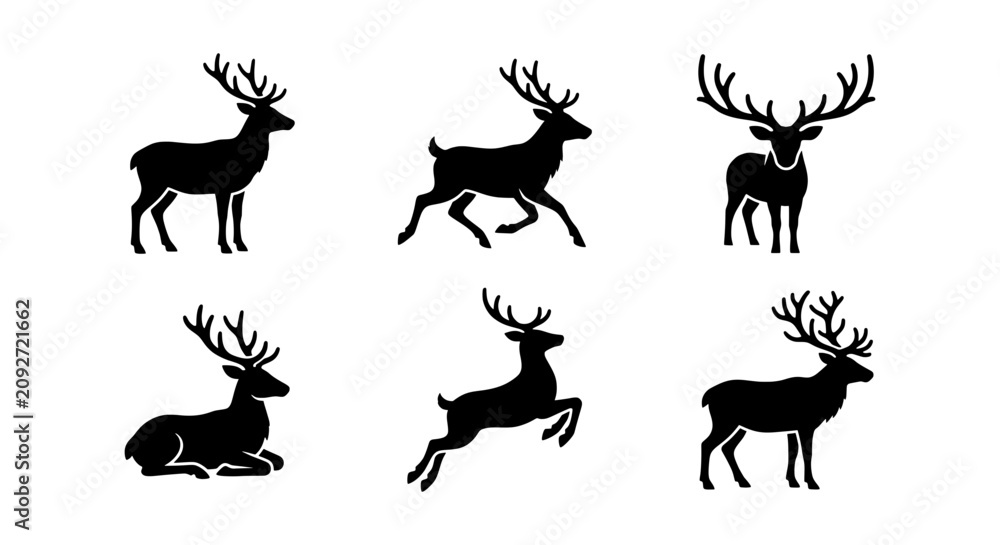 Obraz premium Deer Silhouettes: Majestic Antlered Animals in Various Poses, Vector Icons for Wildlife and Nature Designs