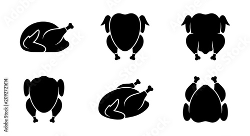 Bild auf Leinwand Roasted Chicken Icons, Poultry Vector Silhouettes, Whole Bird Food Graphics, Tha