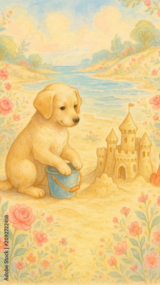 Obraz premium Puppy beach sandcastle painting mobile wallpaper